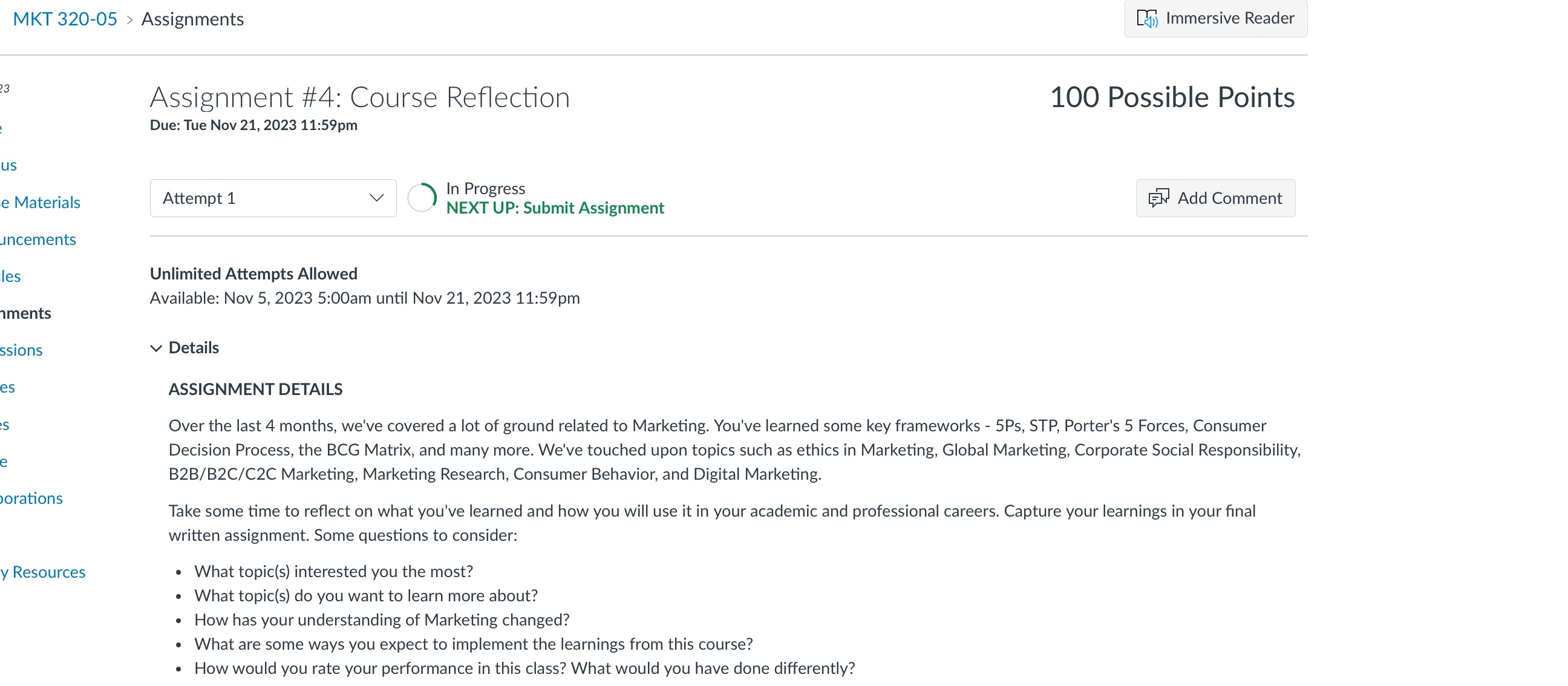 Assignment \#4: Course Reflection 100 Possible Points Due: Tue Nov 21,