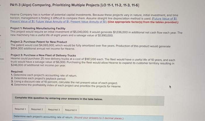 PA11-1 (Algo) Calculating Accounting Rate of Return, Payback Period, Net Present Value,