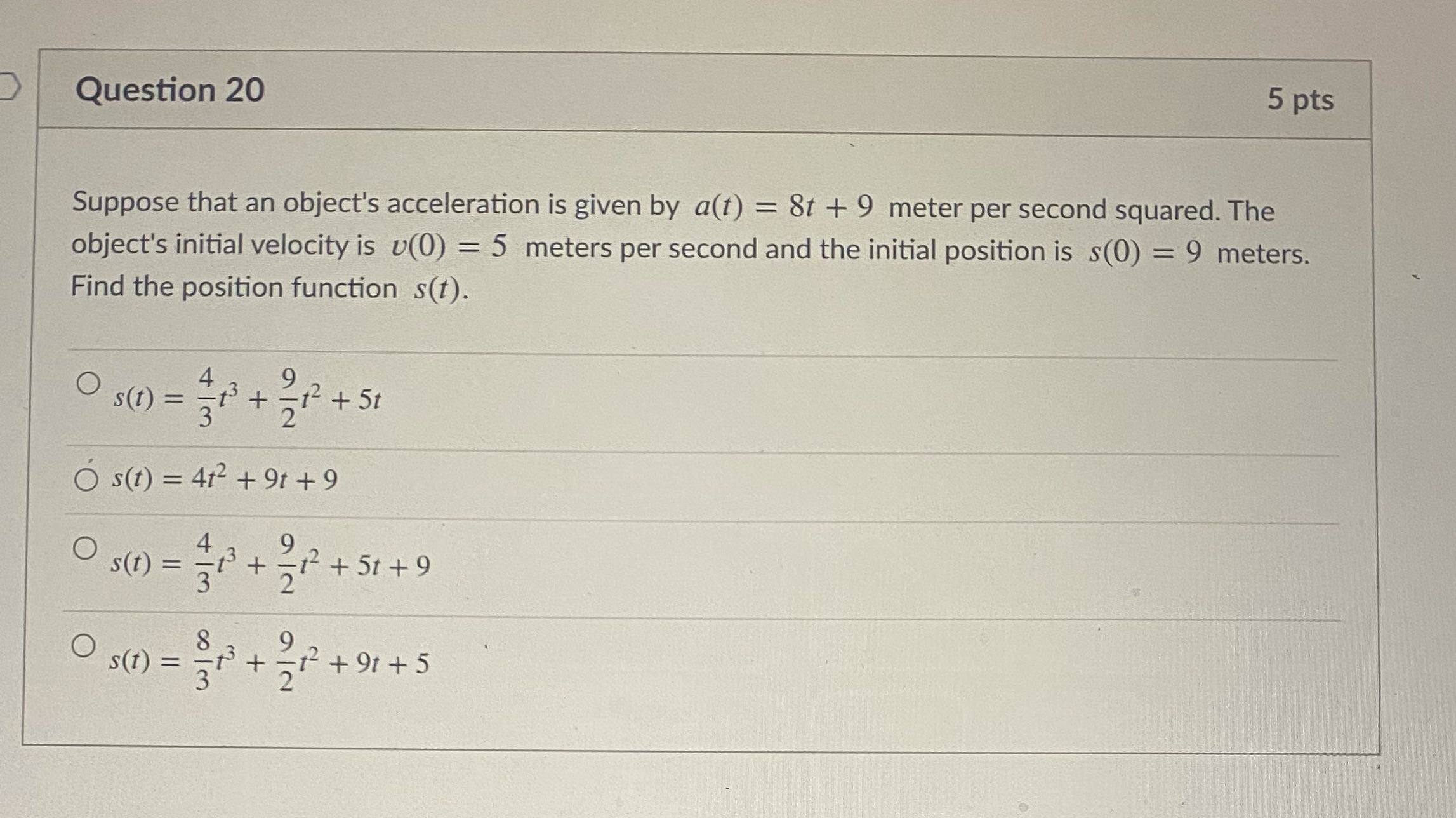 Don't need the work just the answer please. 5 pts Question 20