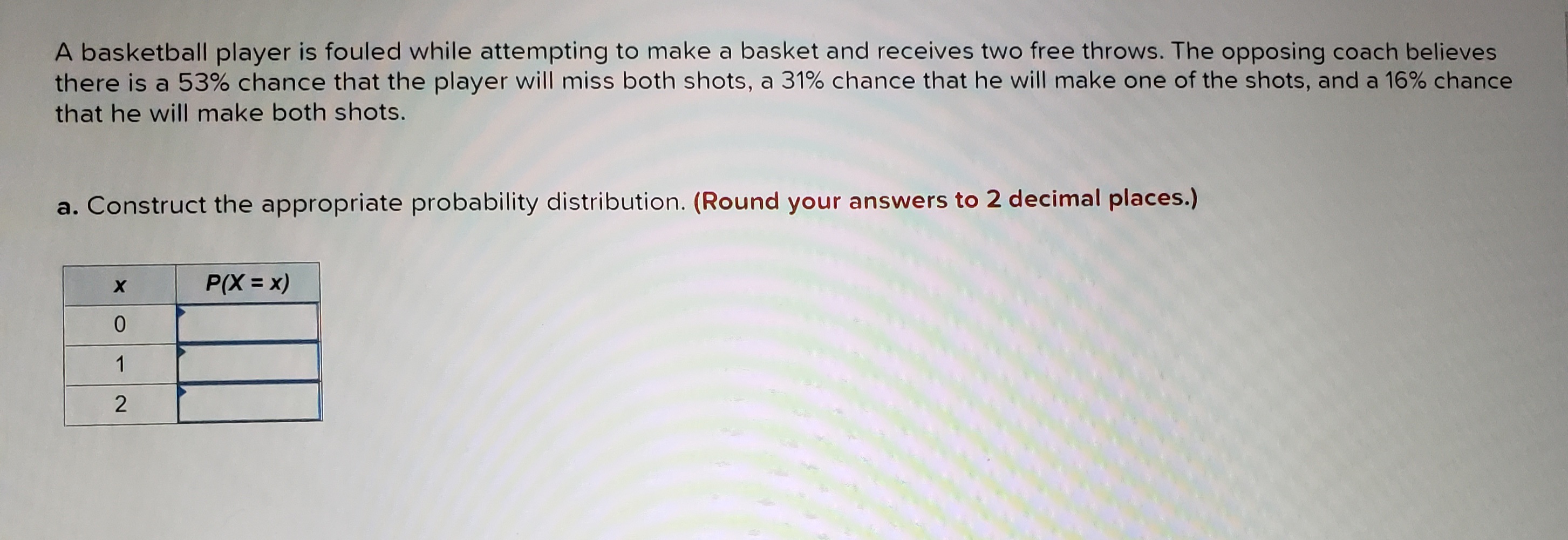 one of the shots? (Round your answer to 2 decimal places.) Probability