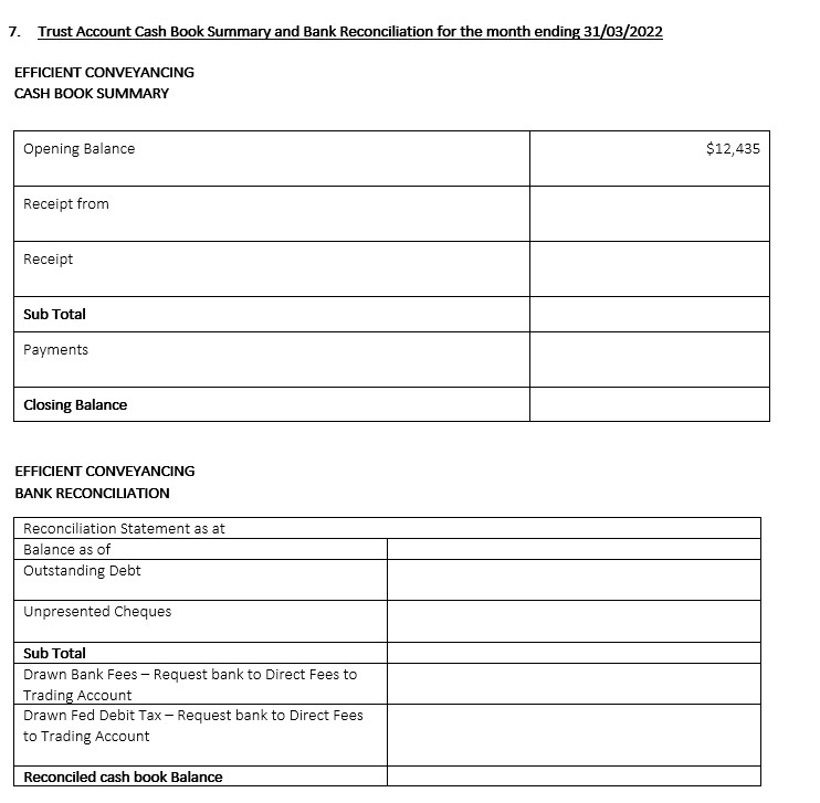 trust accounts for a series of transactions. You are to prepare the