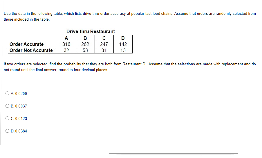 Use the data in the following table, which lists drive-thru erder