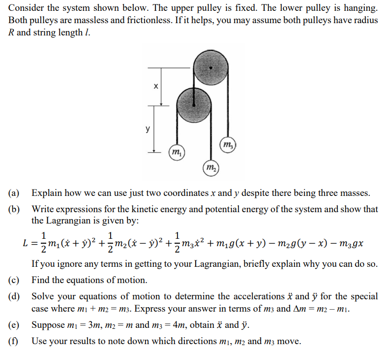  Consider the system shown below. The upper pulley is fixed. The