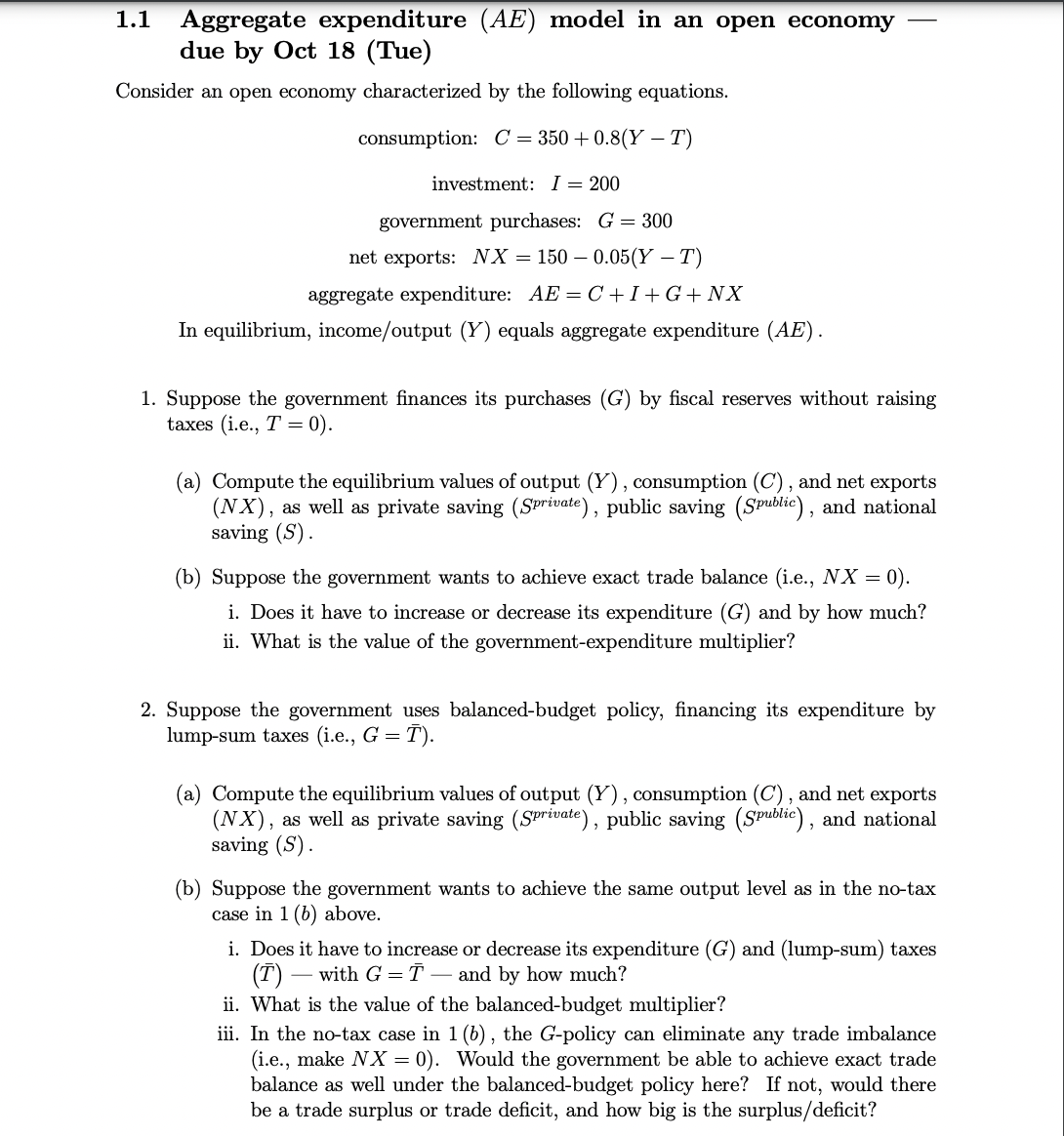 Please help with both question 1 and 2 1.1 Aggregate expenditure (AE)