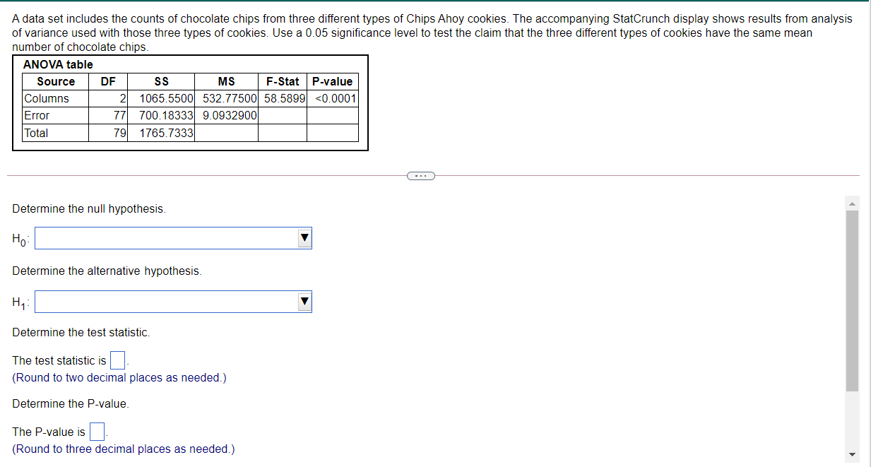 A data set includes the counts of chocolate chips from three