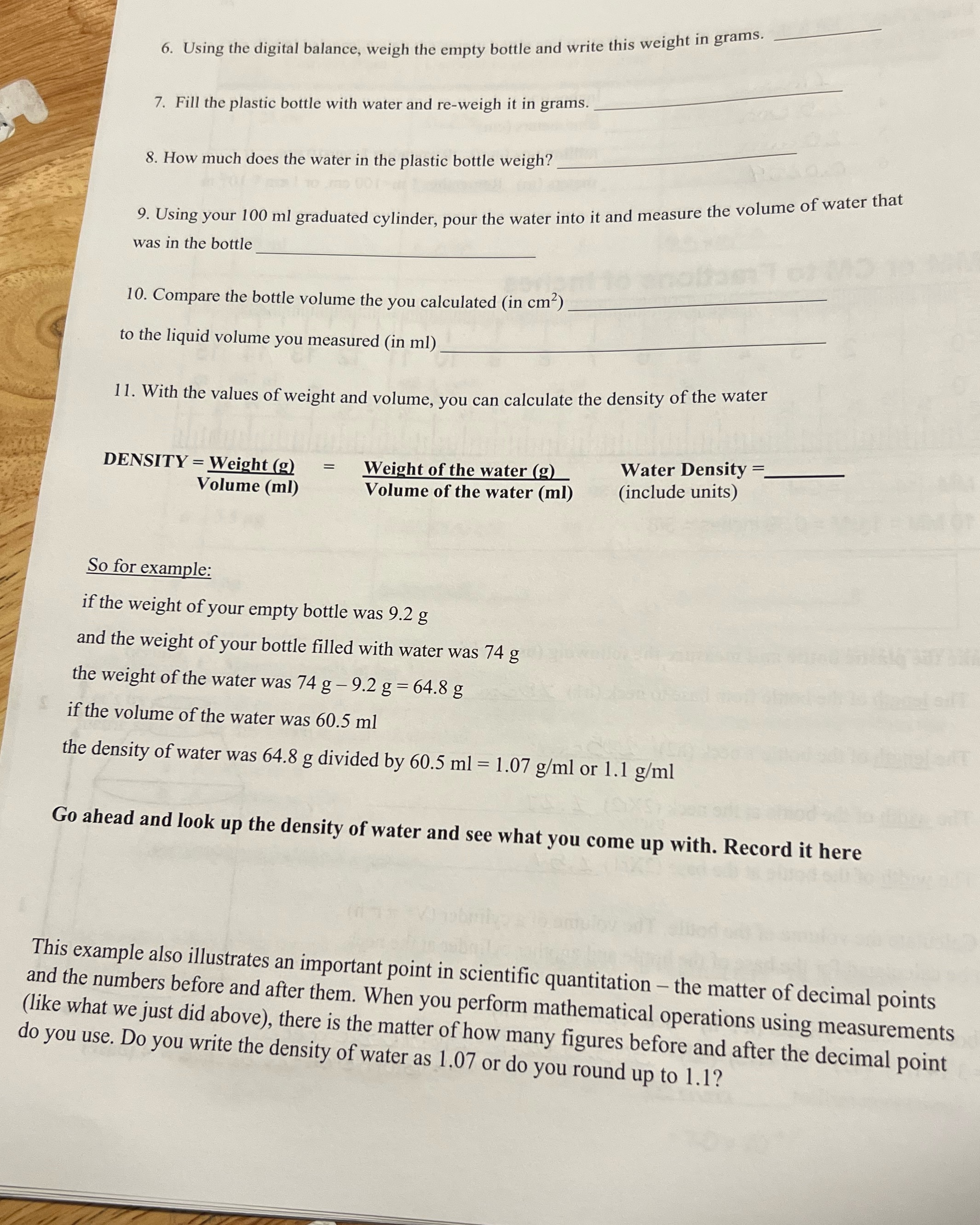  6. Using the digital balance, weigh the empty bottle and write