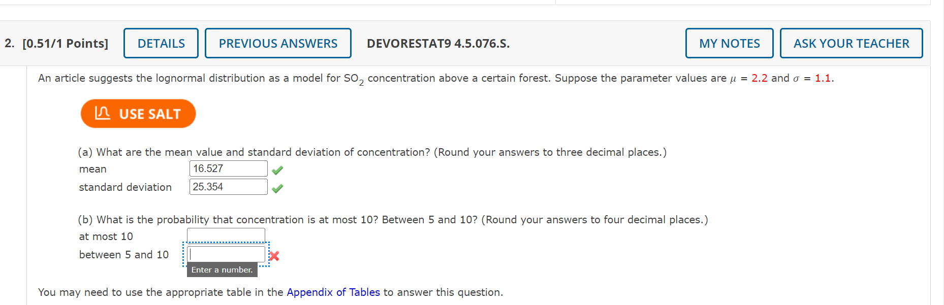  2. [0.5111 Points] DETAILS PREVIOUS ANSWERS DEVORESTAT9 4.5.0765. MY NOTES ASK