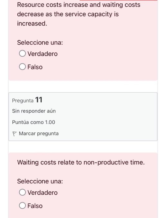 Resource costs increase and waiting costs decrease as the service capacity