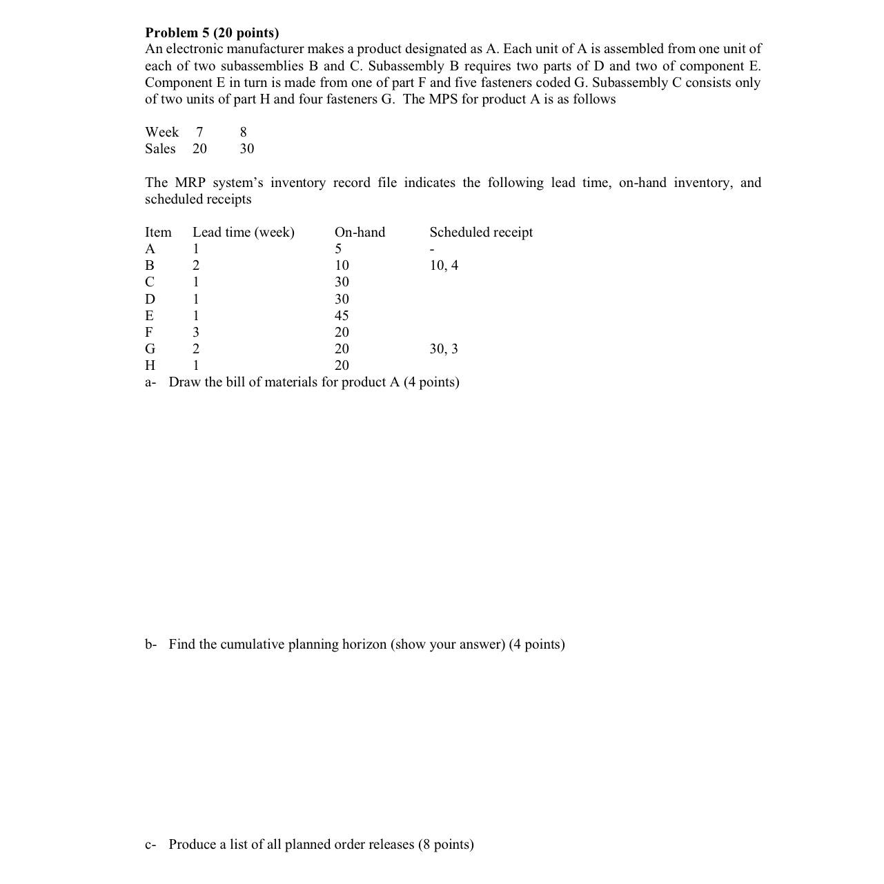  Problem 5(20 points) An electronic manufacturer makes a product designated as