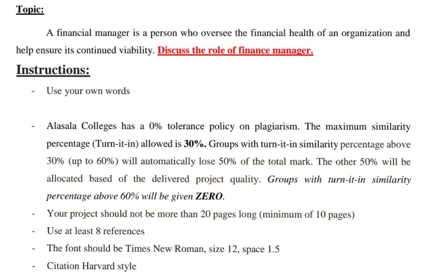 I need solve this assignment Topic: A nancial manager is a person