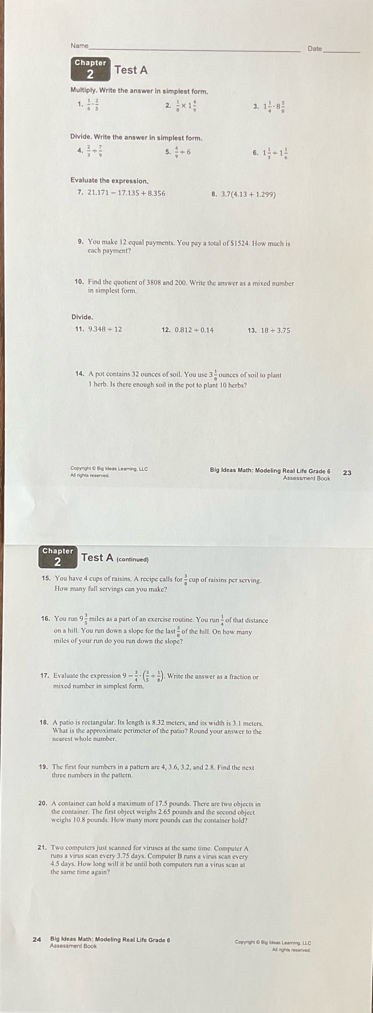 Name Date Chapter 2 Test A Multiply. Write the answer in