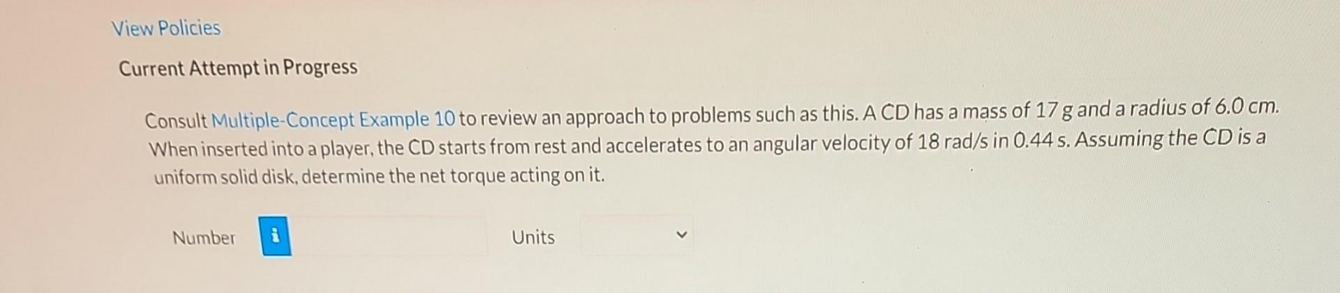View Policies Current Attempt in Progress Consult Multiple-Concept Example 10 to