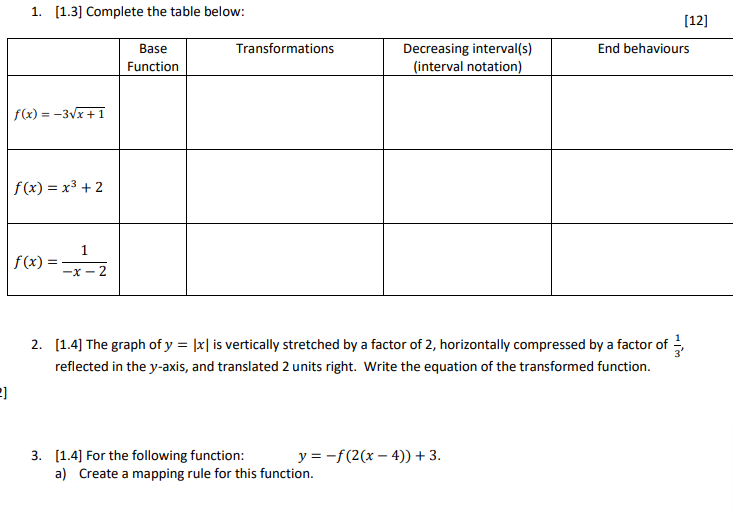  1. [1.3] Complete the table below: [12] Base Transformations Decreasing interval(s)