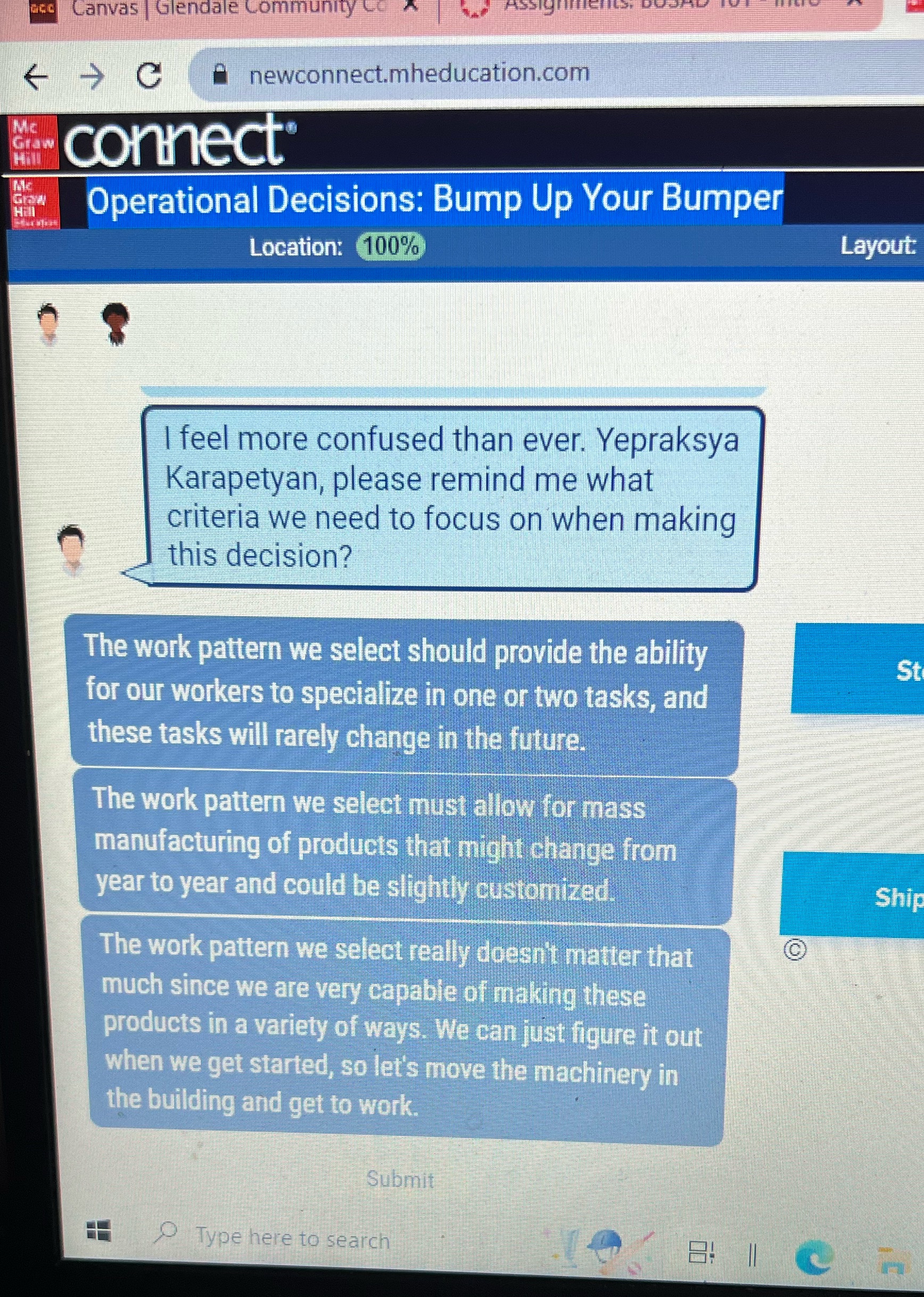 Answer Canvas | Glendale Community newconnect.mheducation.com ME Grew connect Operational Decisions: Bump