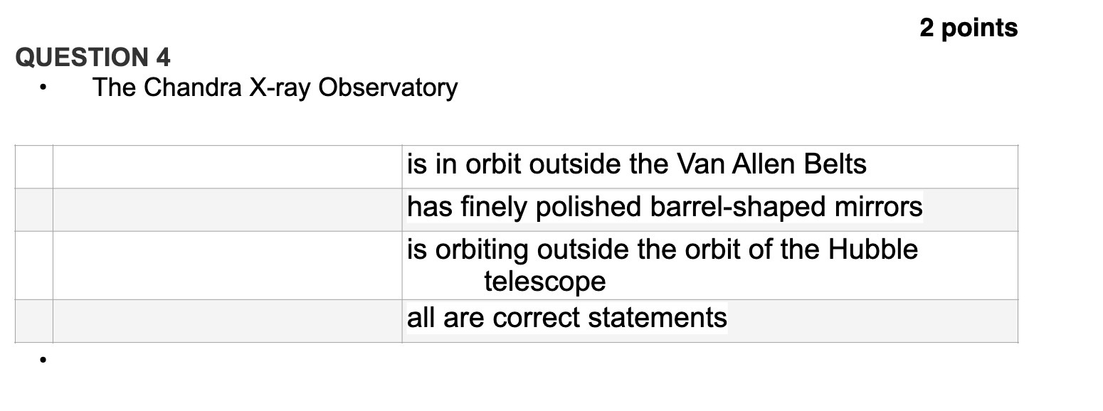 2 points QUESTION 4 The Chandra X-ray Observatory is in orbit