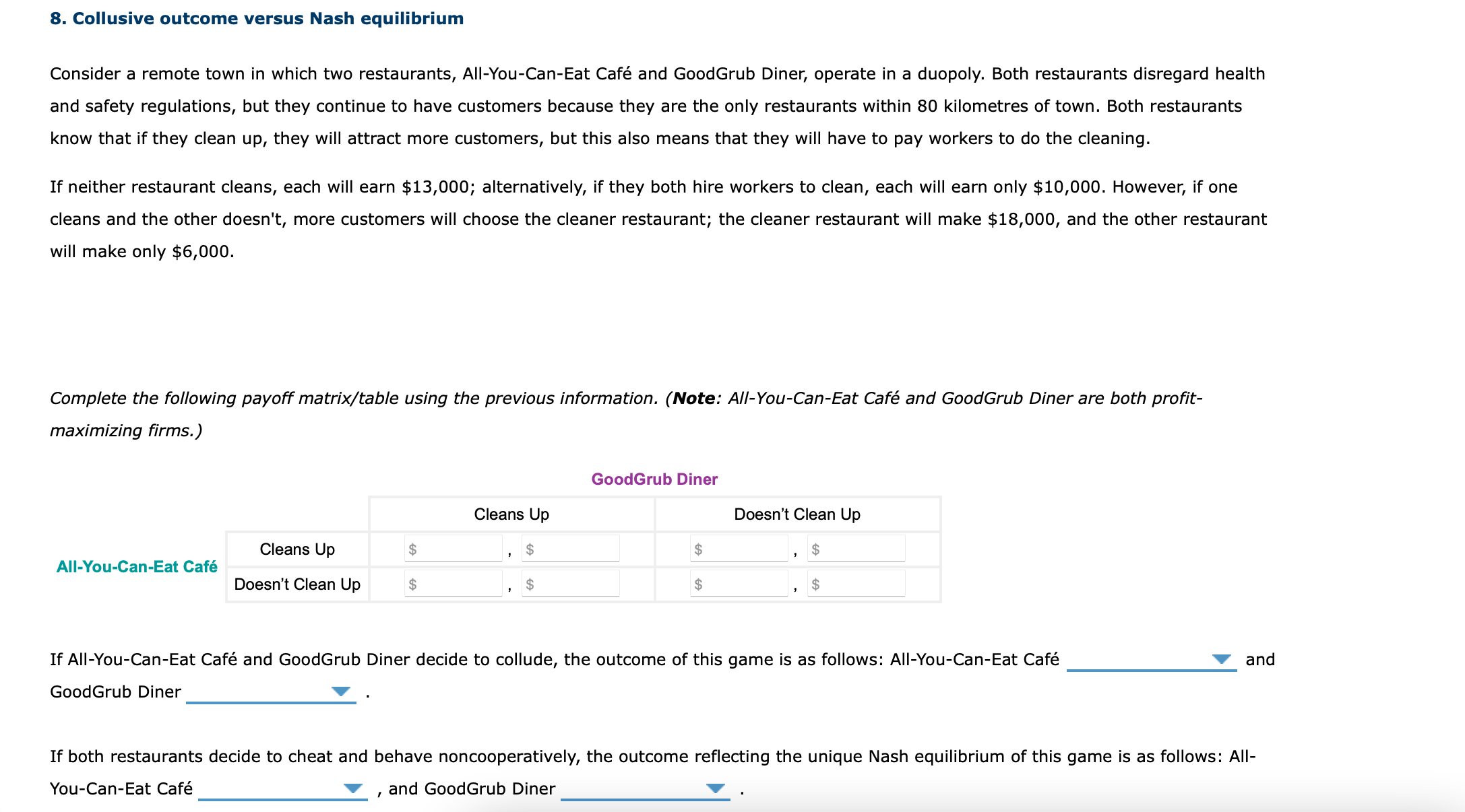 8. Collusive outcome versus Nash equilibrium Consider a remote town in