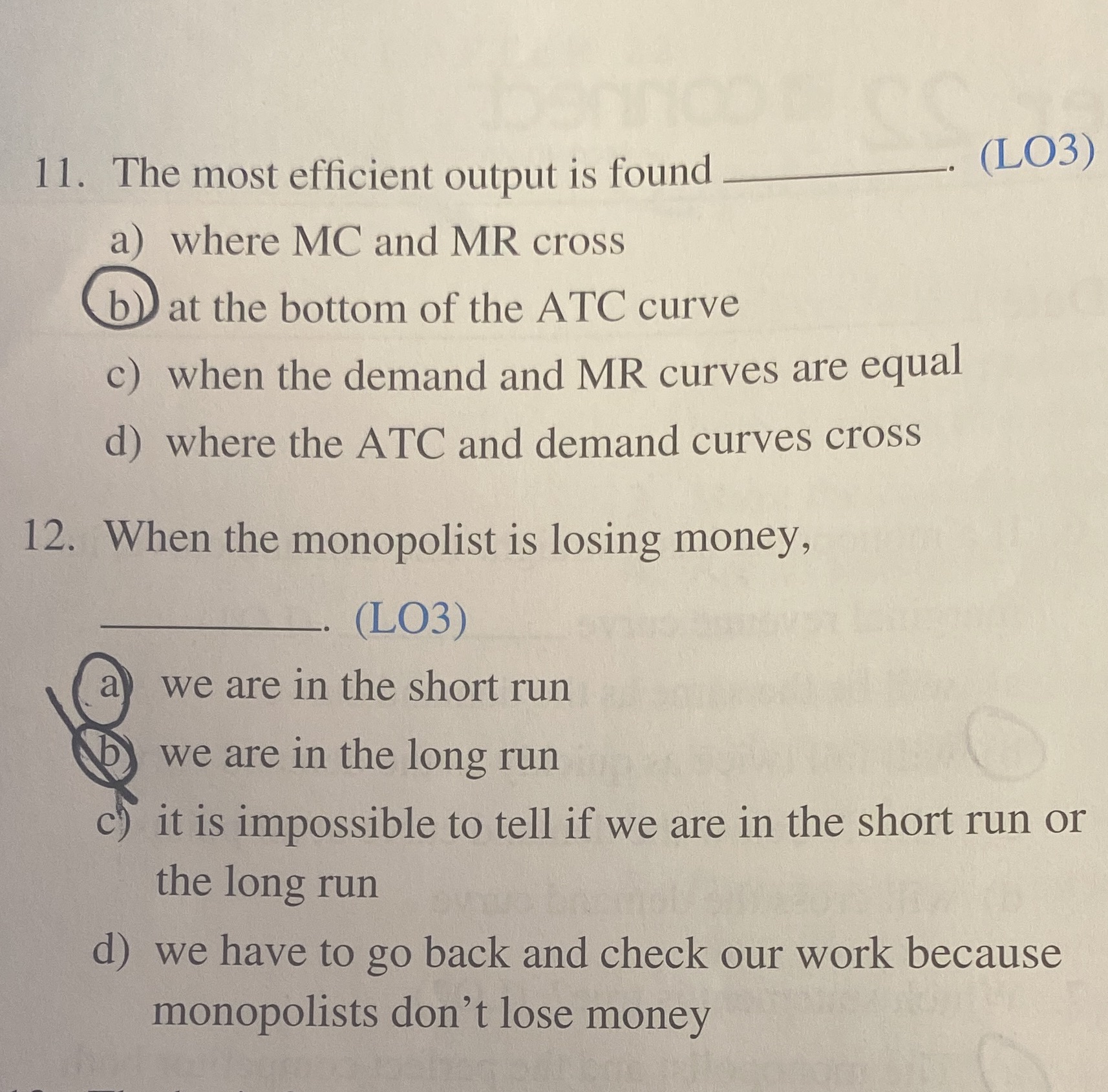  1 1. The most efficient output is found (LO3) a) where