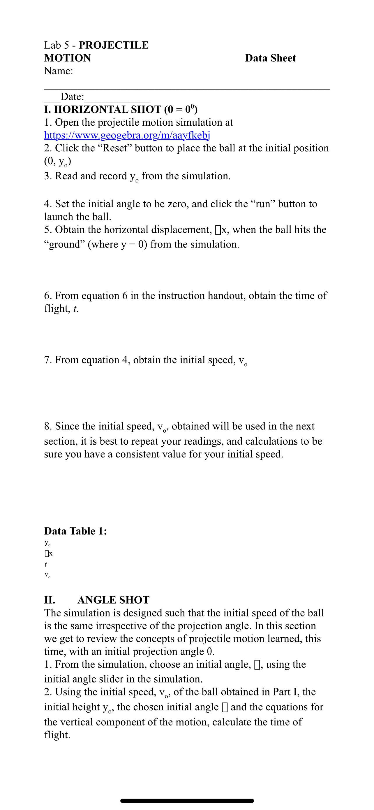 displacement Dx, when the ball hits the ground (y = 0), and