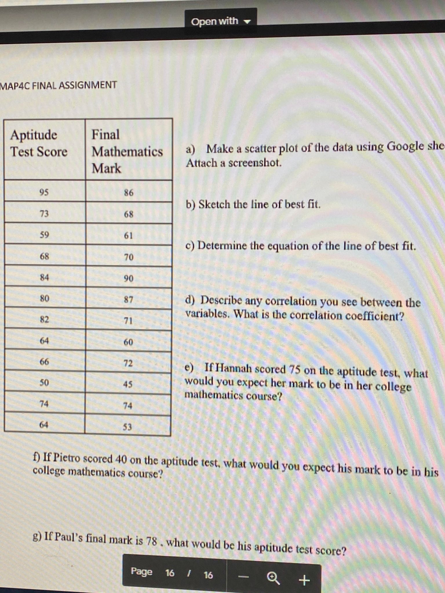 Open with MAP4C FINAL ASSIGNMENT Aptitude Final Test Score Mathematics a)