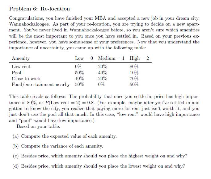  Problem 6: Re-location Congratulations, you have finished your MBA and accepted