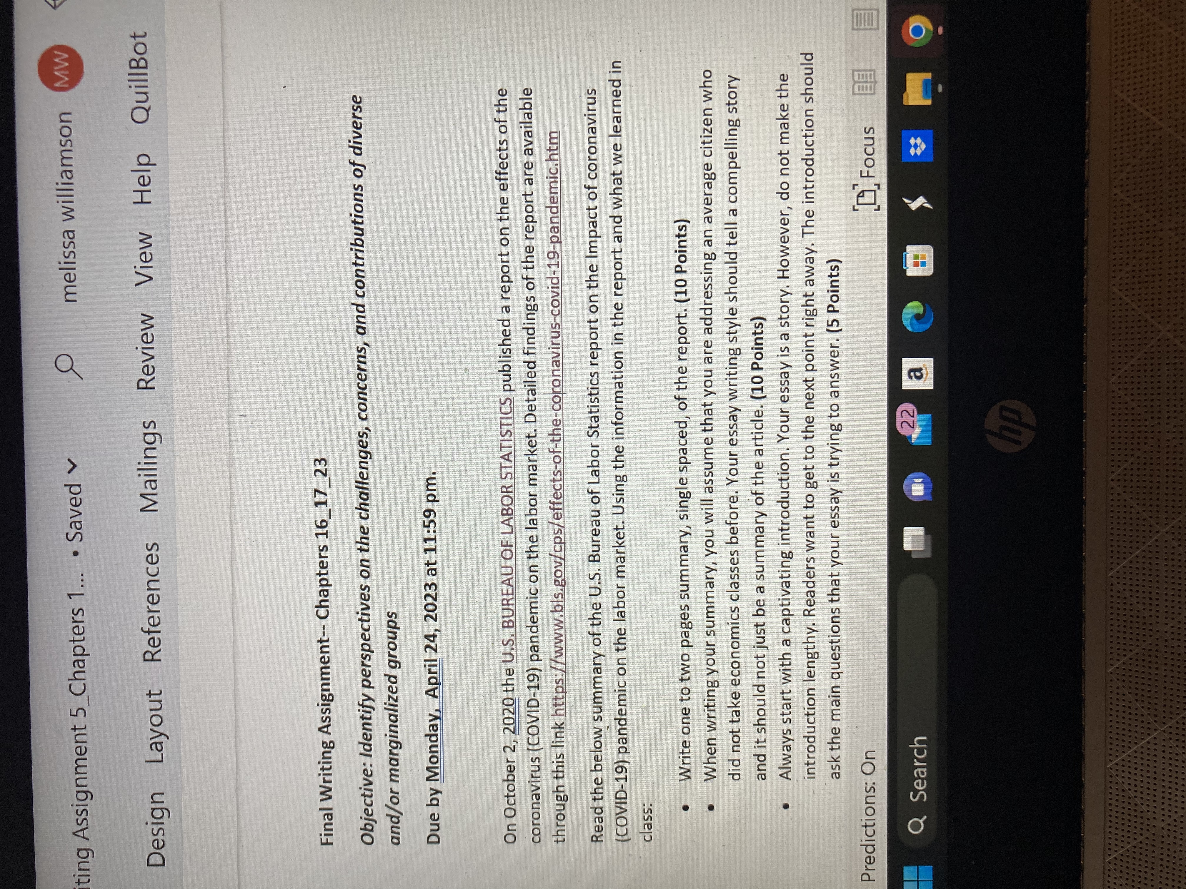 iting Assignment 5_Chapters 1... . Saved v melissa williamson MW Design