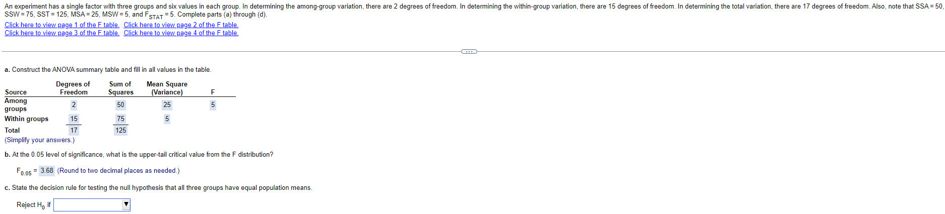 An experiment has a single factor with three groups and six