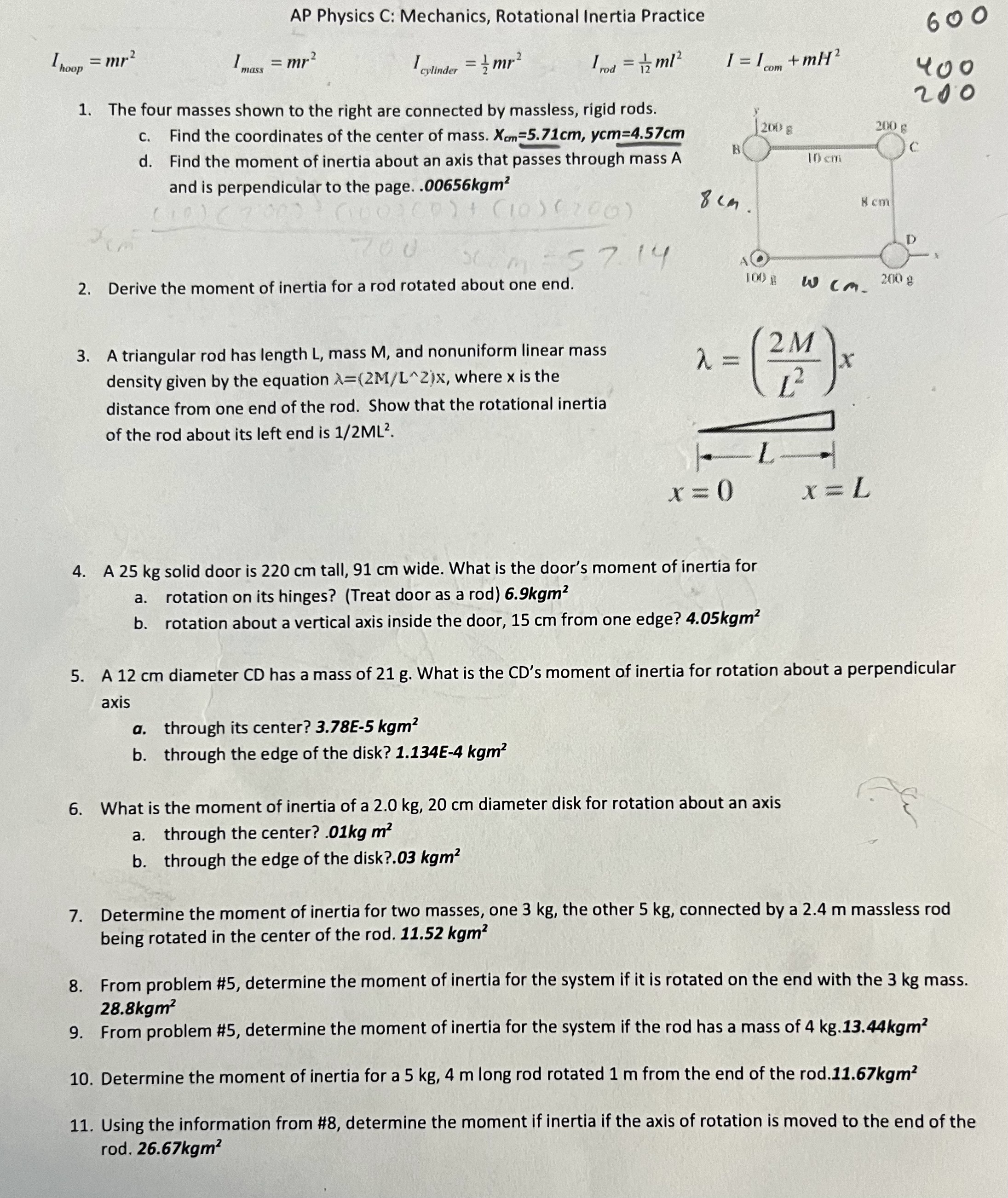 AP Physics C: Mechanics Problem Set on Rotational InertiaPlease answer all the