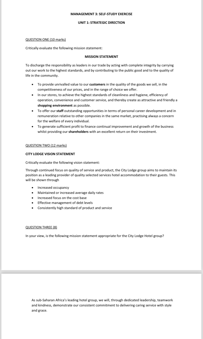  MANAGEMENT 3: SELF-STUDY EXERCISE UNIT 1: STRATEGIC DIRECTION QUESTION ONE (10