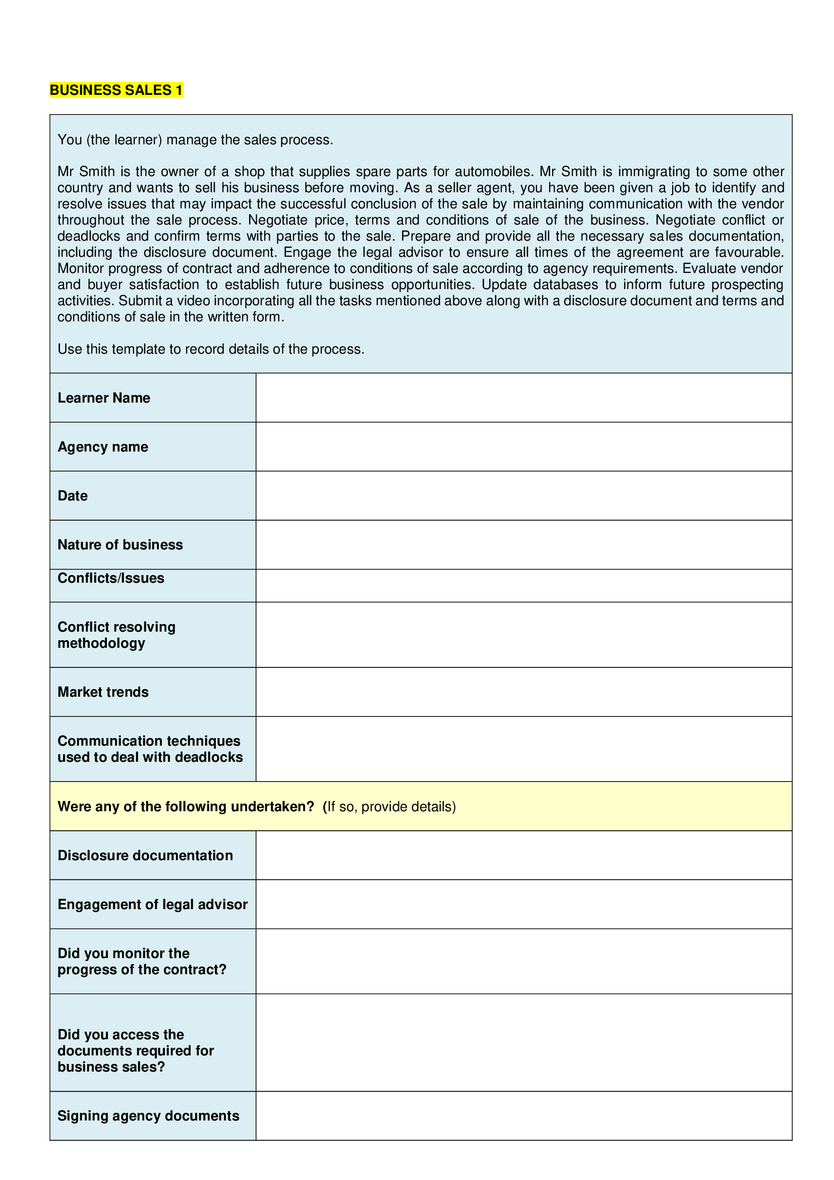 a shop that supplies spare parts for automobiles. Mr Smith is immigrating