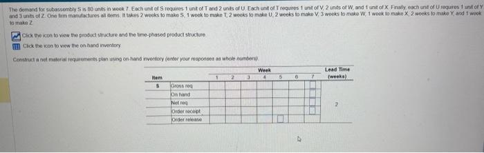  please construct a net material requirements plan using on-hand inventory. to