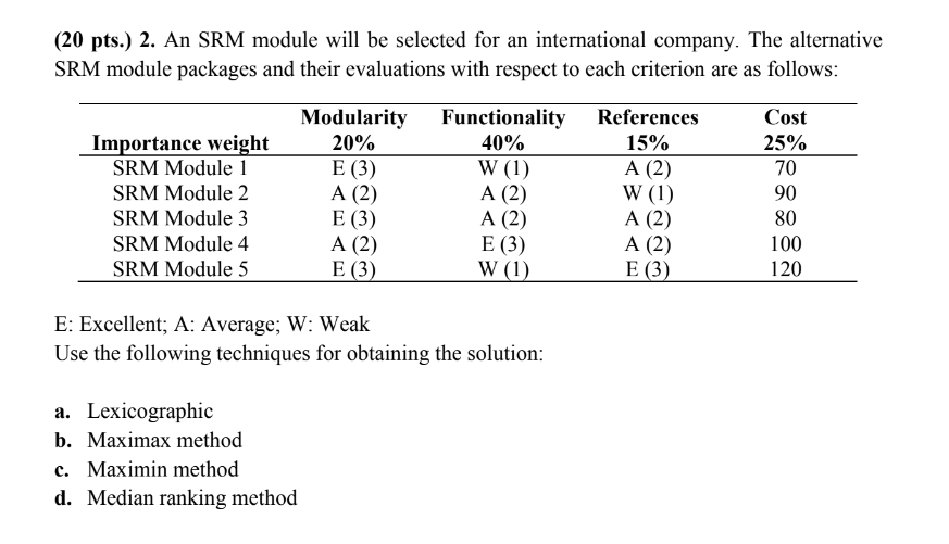  (20 pts.) 2. An SRM module will be selected for an