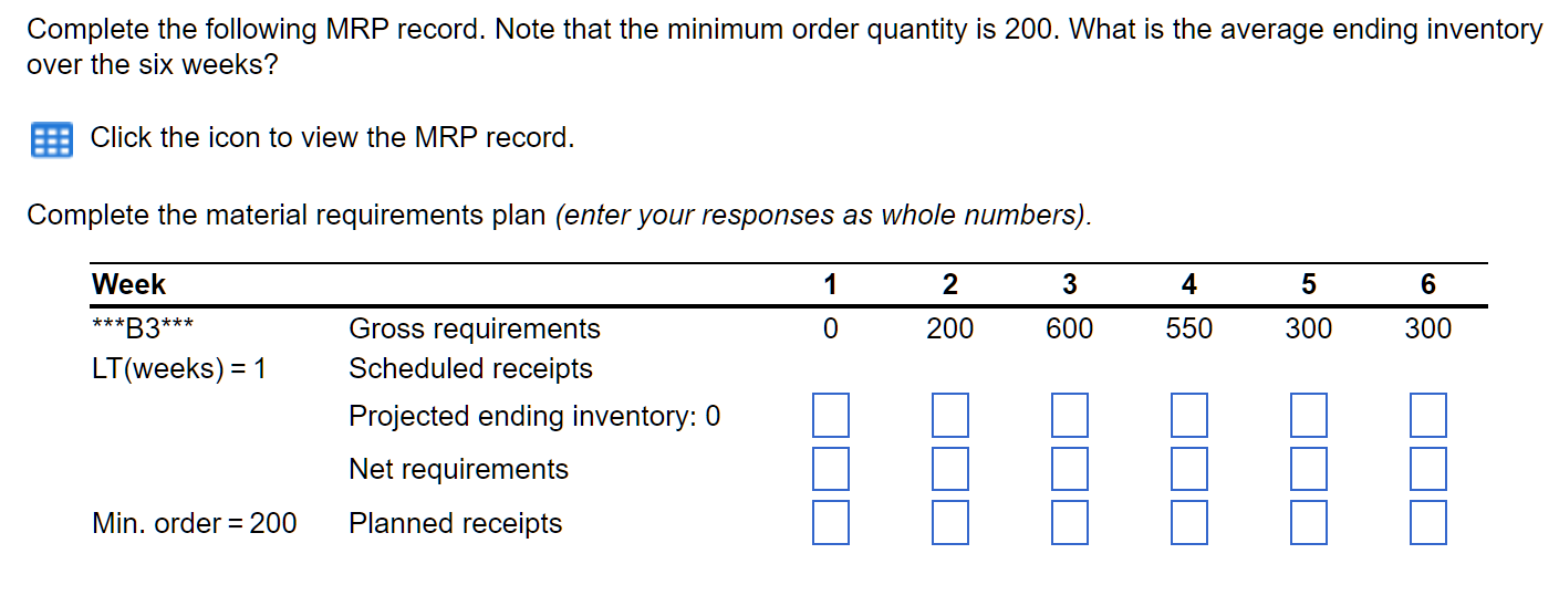 Complete the following MRP record. Note that the minimum order quantity