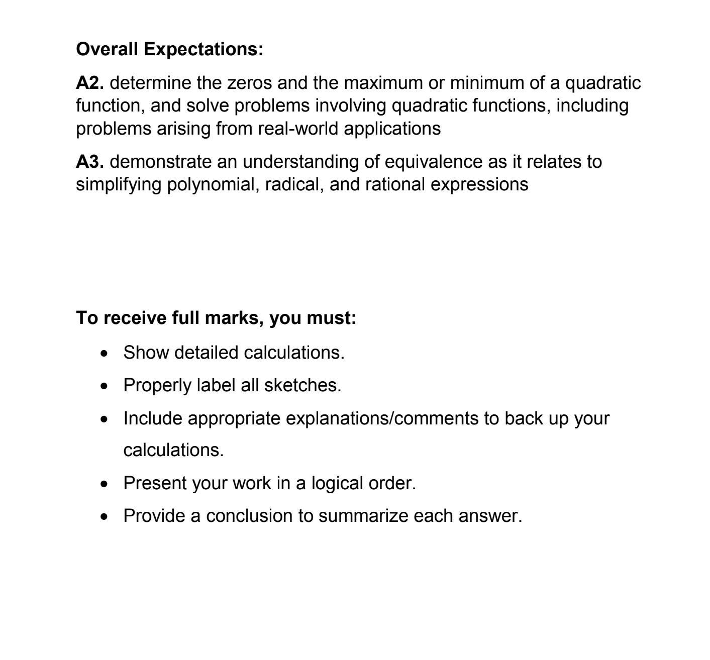  Overall Expectations: A2. determine the zeros and the maximum or minimum