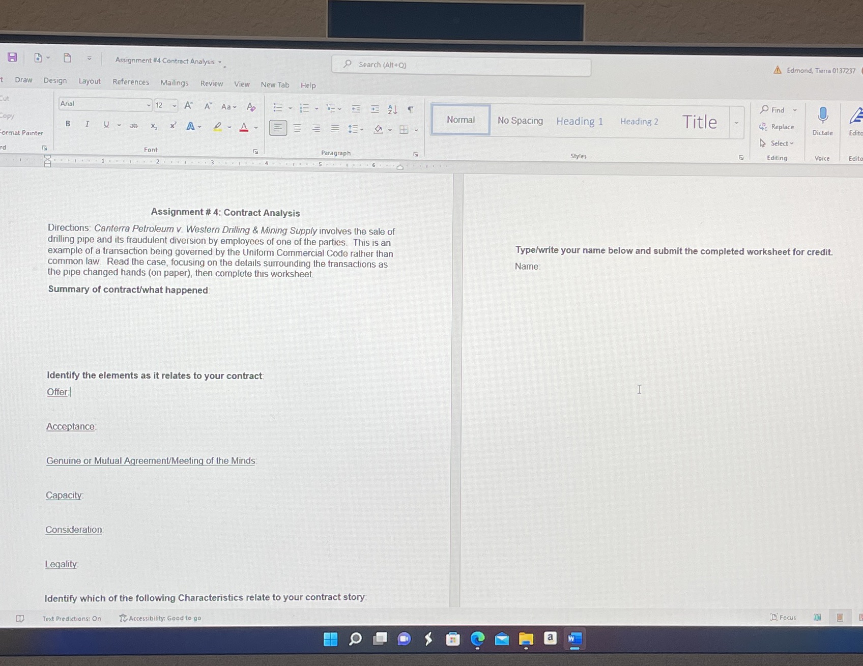  Assignment #4 Contract Analysis Search (Alt+Q) Edmond, Tierra 0137237 Draw Design