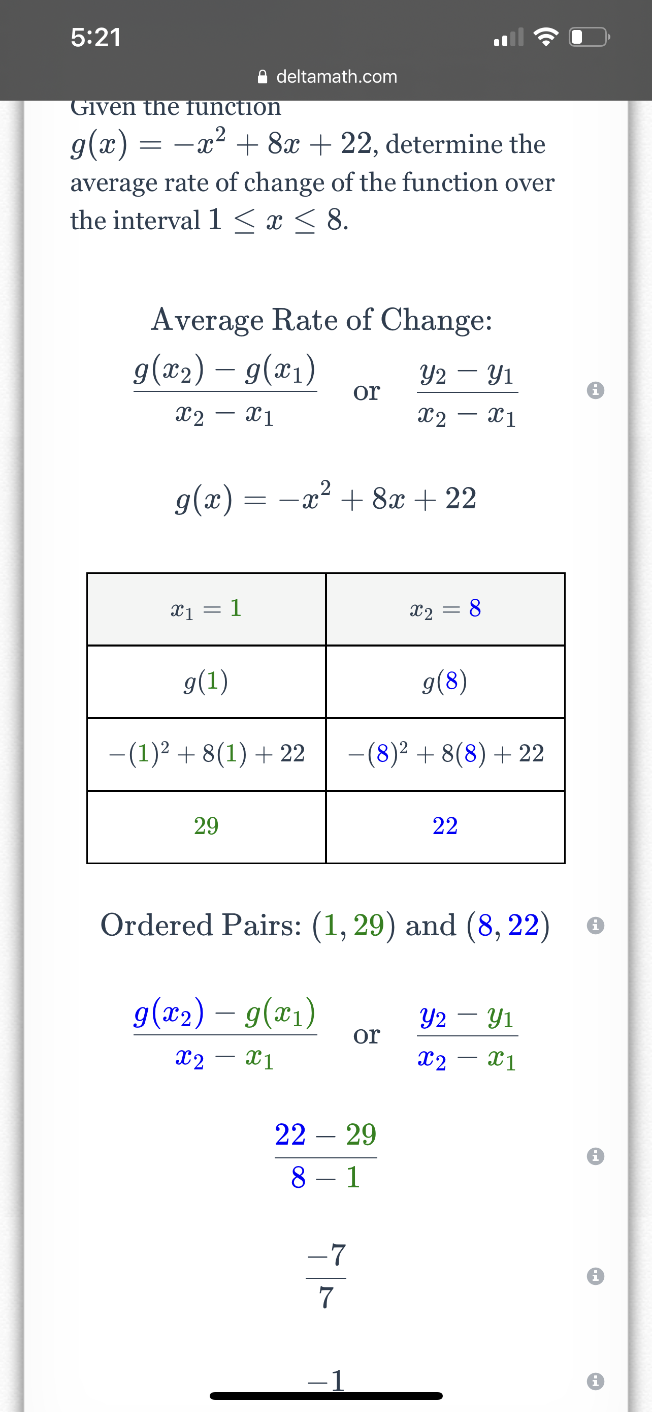 5:21 deltamath.com Given the function g(ac) = -202 + 8x +