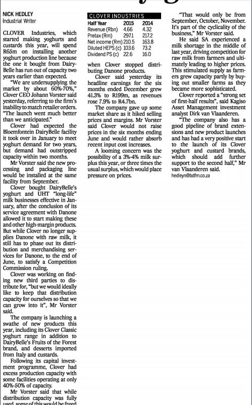 NICK HEDLEY Writer CLOVER Industries, which started making yoghurts and aastards this