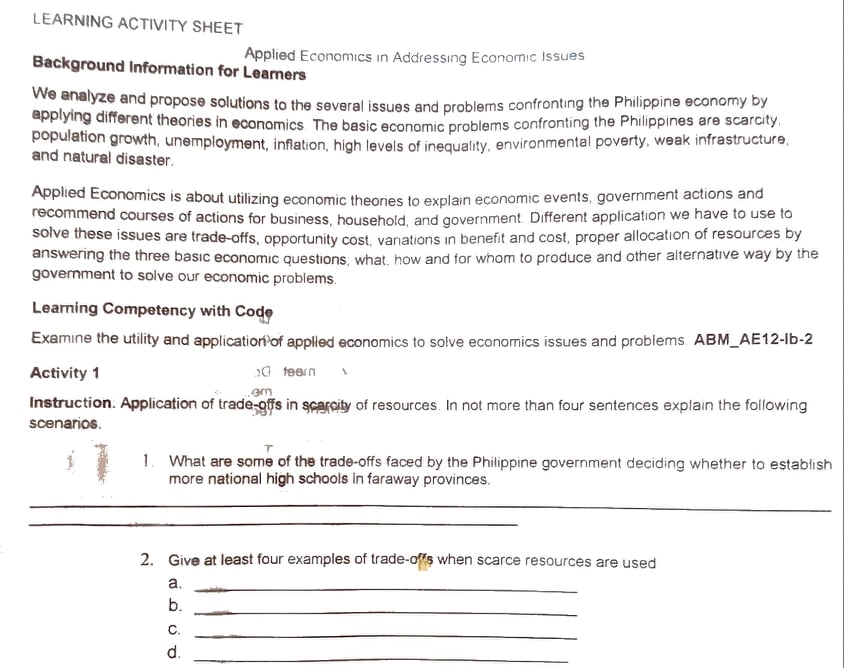 1 With the given economic questions, determine what is being referred to