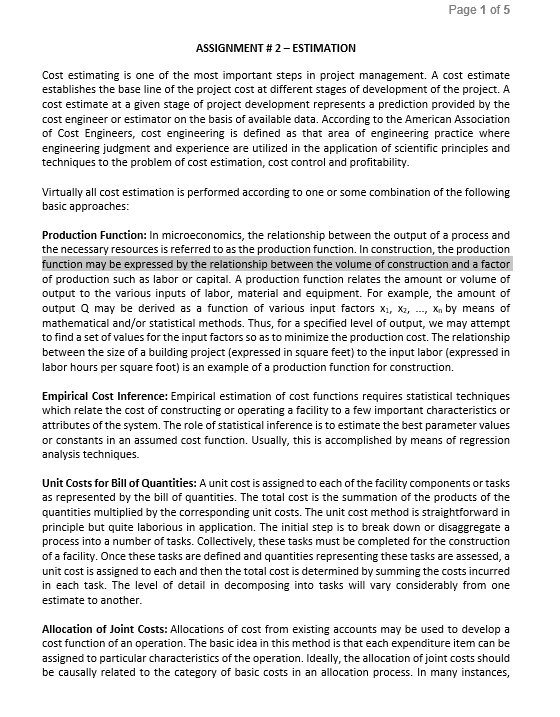 Page 1 of 5 ASSIGNMENT # 2 - ESTIMATION Cost estimating