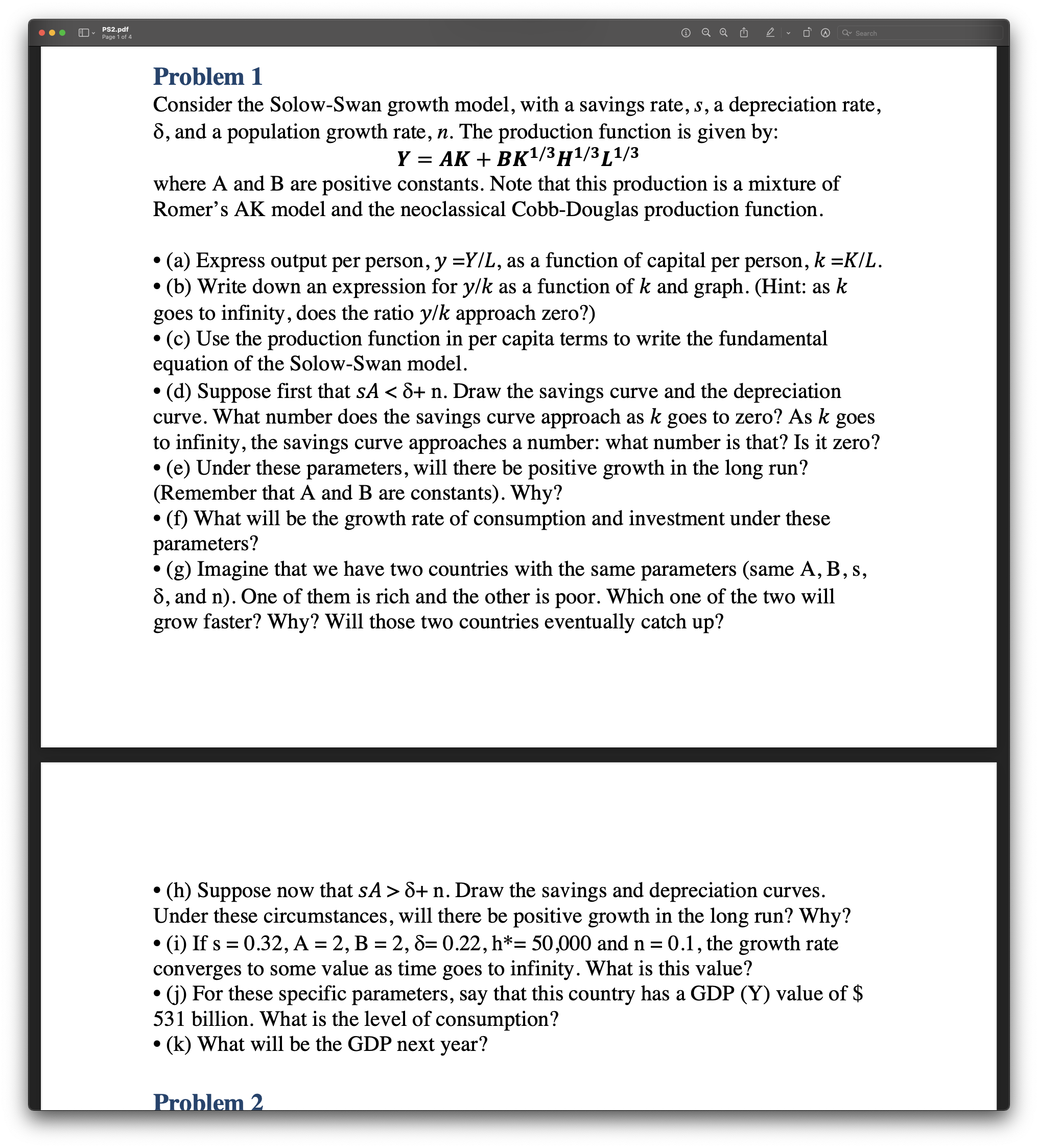  v52\"! " m' new.\" Problem 1 Consider the Solow-Swan growth model,