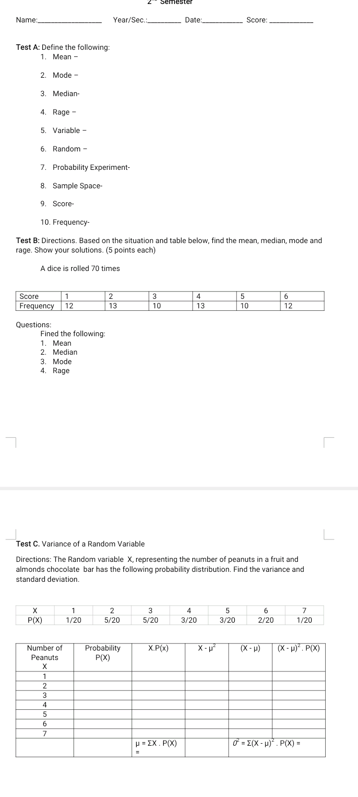 2'" semester Name: YearJSec.' Date: Score: Test A: Define the following: