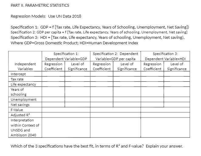  PART II. PARAMETRIC STATISTICS Regression Models: Use UN Data 2018 Specification