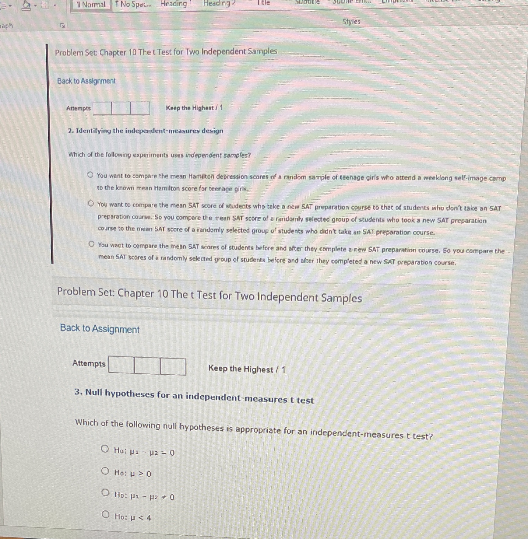 (Problem Set Ch10 Q2&3) Please answer both questions. 1 Normal 1 No