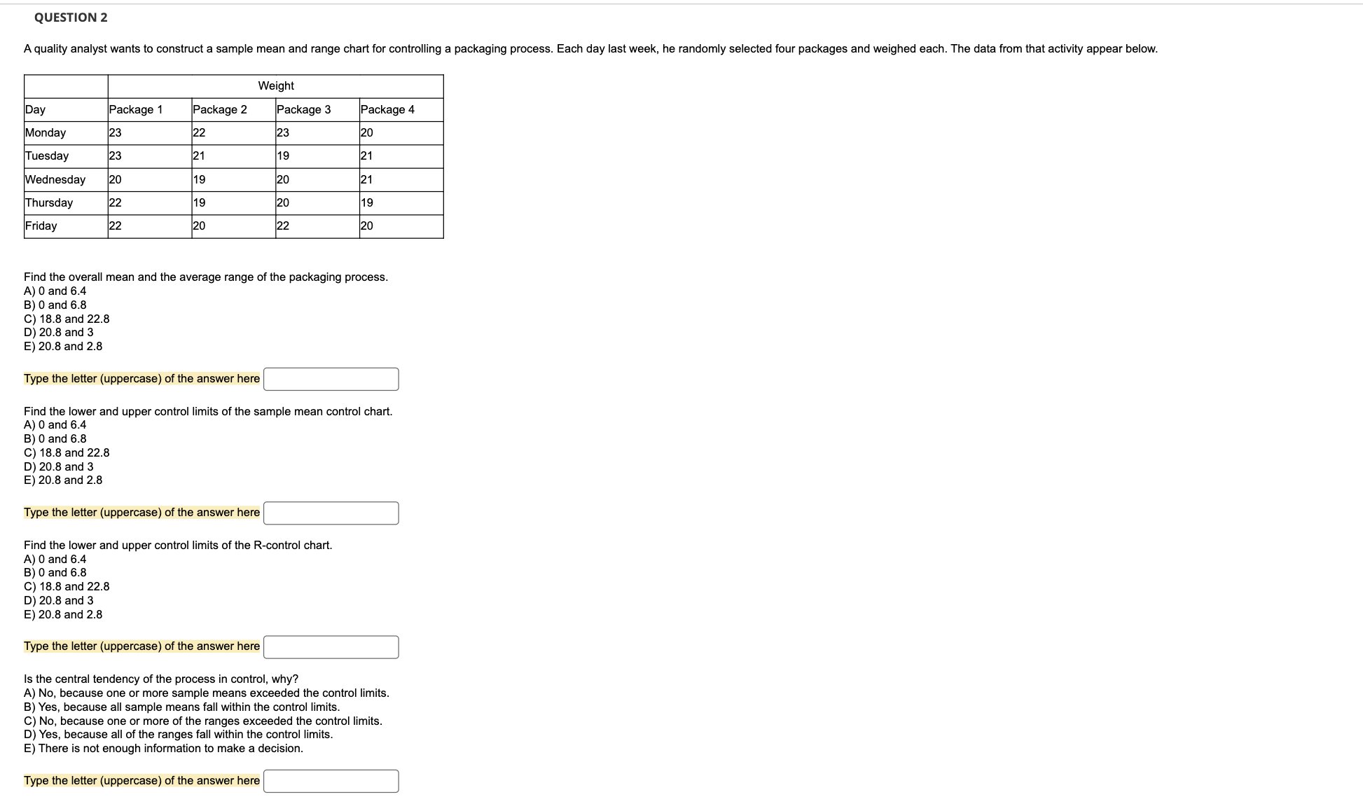  QUESTION 2 Find the overall mean and the average range of