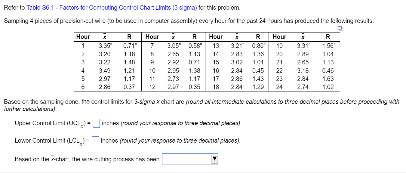  Refer to Table S6.1 - Factors for Computing Control Chart Limits