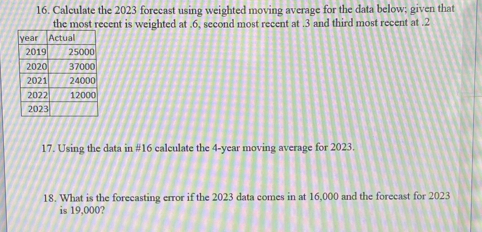  Calculate the 2023 forecast using weighted moving average for the data