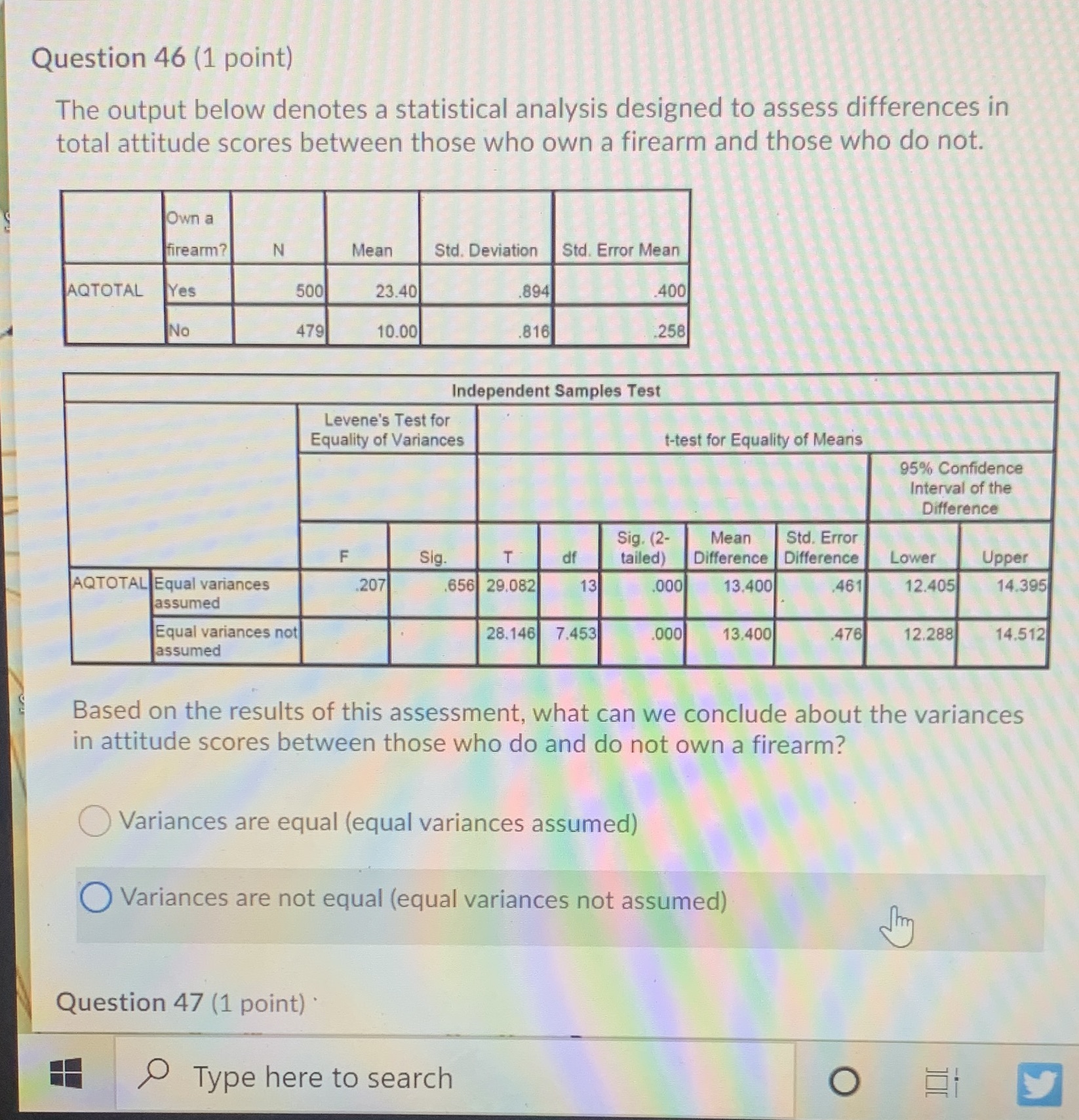 Question 46 (1 point) The output below denotes a statistical analysis