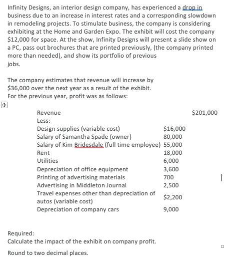 Please see the attached question. Infinity Designs, an interior design company, has