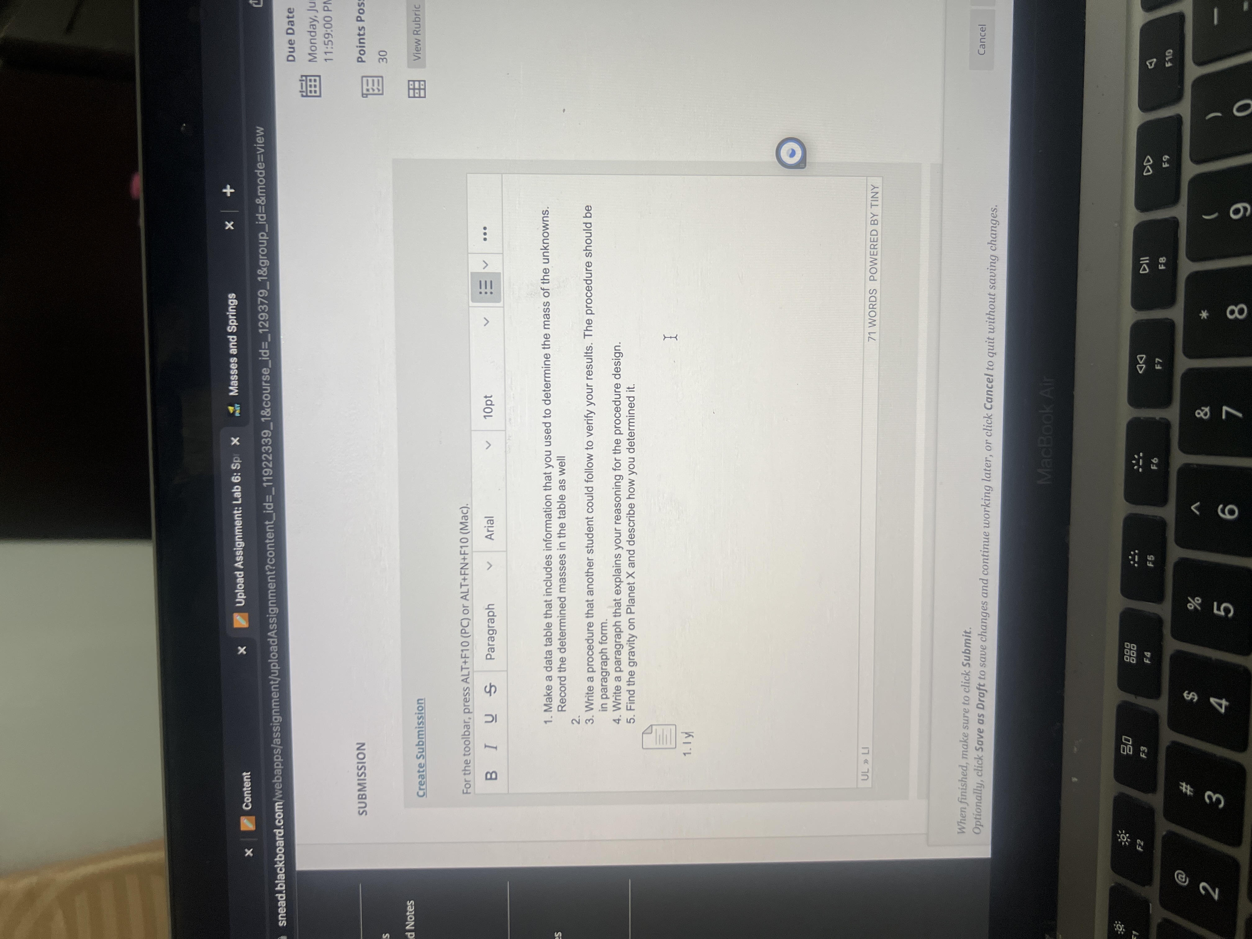 x Upload Assignment: Lab 6: Sp X mir Masses and Springs