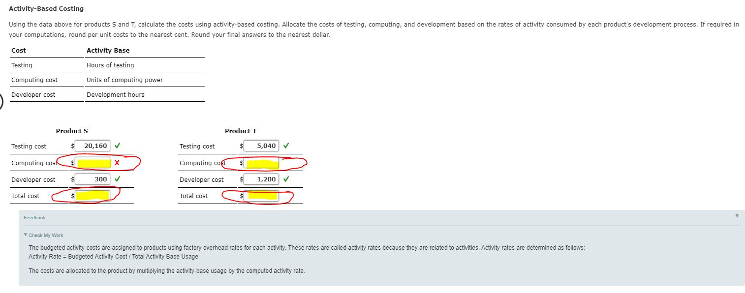 Activity-Based Costing using the data above for products S and T, calculate