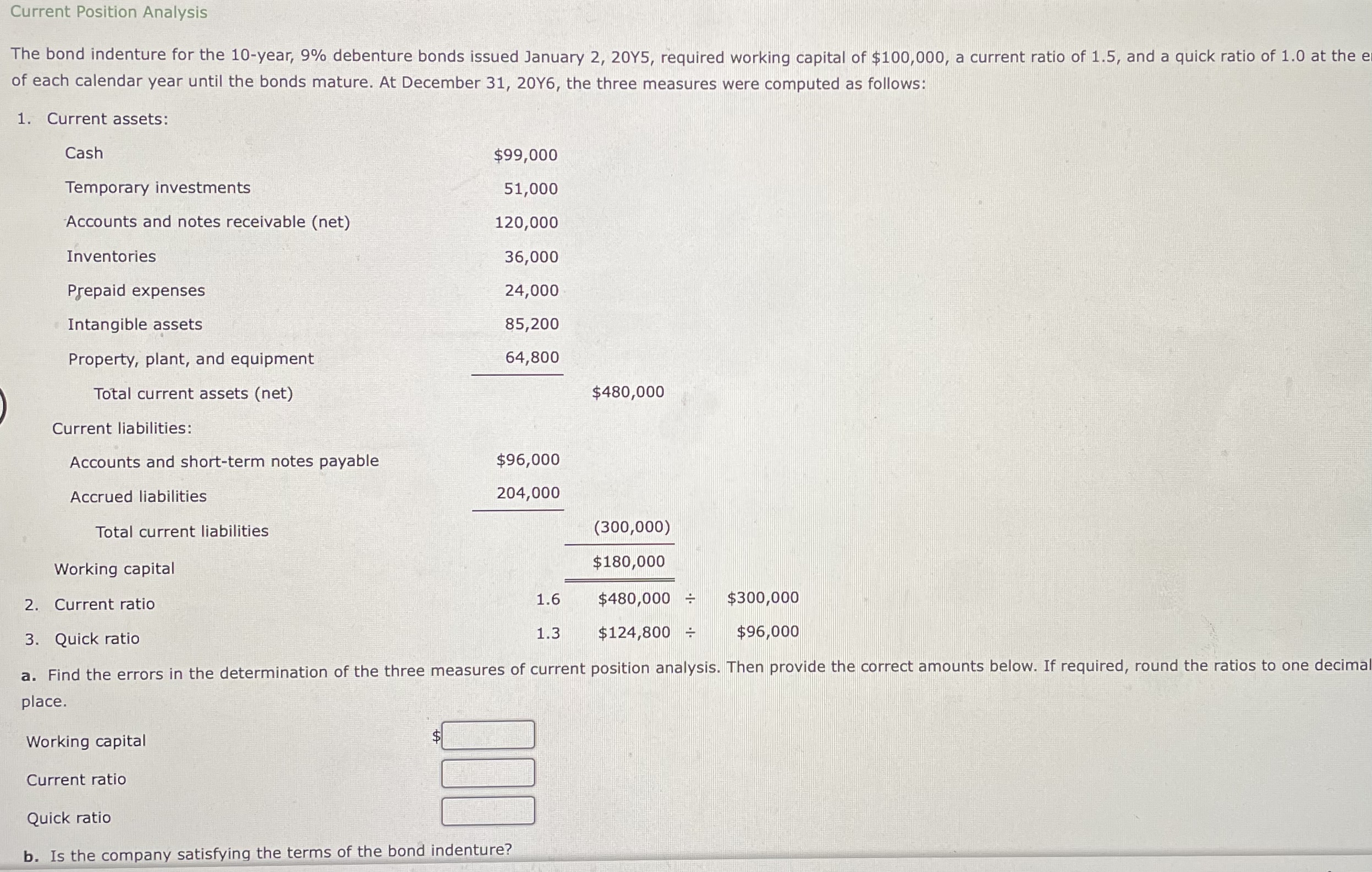  Current Position Analysis The bond indenture for the 10-year, 9% debenture